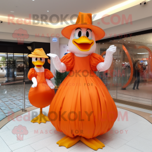 Orange Geese mascot costume character dressed with a Ball Gown and Hats