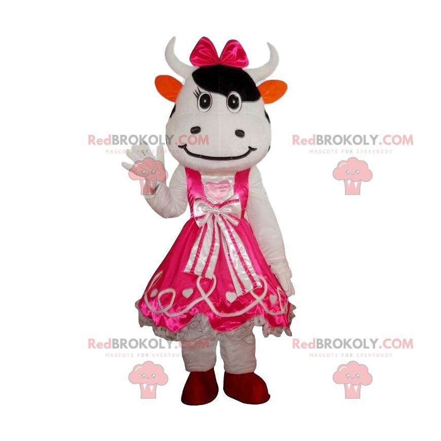 Witte koe mascotte met een jurk, roze koeienkostuum -