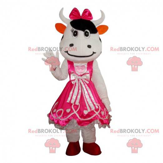 Mascotte mucca bianca con un vestito, costume da mucca rosa -