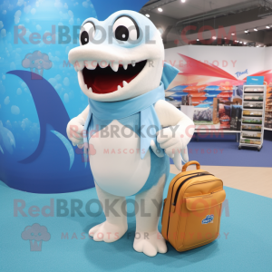 Cream Barracuda mascot costume character dressed with a Swimwear and Handbags