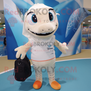 Cream Barracuda mascot costume character dressed with a Swimwear and Handbags