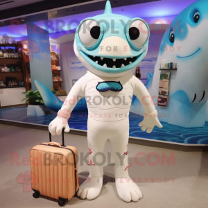 Cream Barracuda mascot costume character dressed with a Swimwear and Handbags