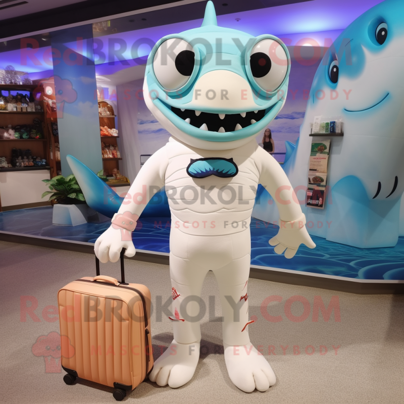 Cream Barracuda mascot costume character dressed with a Swimwear and Handbags Cream Barracuda mascot costume character dressed with a Swimwear and Handbags