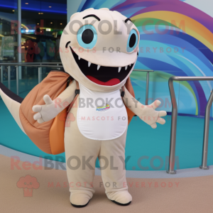 Cream Barracuda mascot costume character dressed with a Swimwear and Handbags