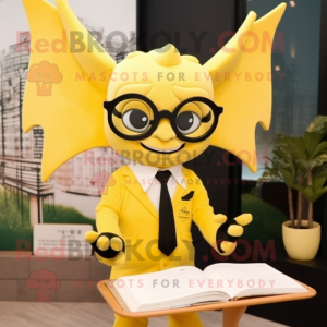 Lemon Yellow Bat mascot costume character dressed with a Suit and Reading glasses