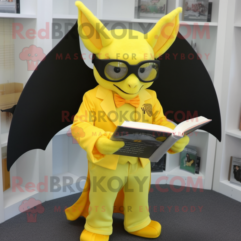 Lemon Yellow Bat mascot costume character dressed with a Suit and Reading glasses