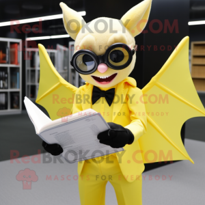 Lemon Yellow Bat mascot costume character dressed with a Suit and Reading glasses