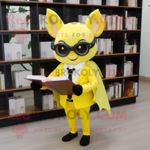 Lemon Yellow Bat mascot costume character dressed with a Suit and Reading glasses