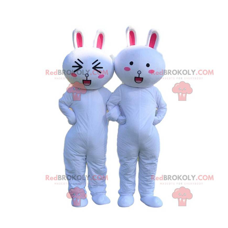 2 mascots of white and pink rabbits, rabbit costumes -