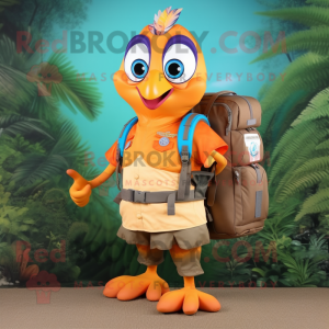 Orange Peacock mascot costume character dressed with a Cargo Shorts and Backpacks