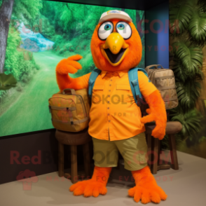 Orange Peacock mascot costume character dressed with a Cargo Shorts and Backpacks