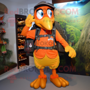 Orange Peacock mascot costume character dressed with a Cargo Shorts and Backpacks