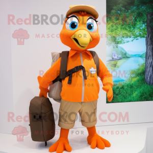 Orange Peacock mascot costume character dressed with a Cargo Shorts and Backpacks