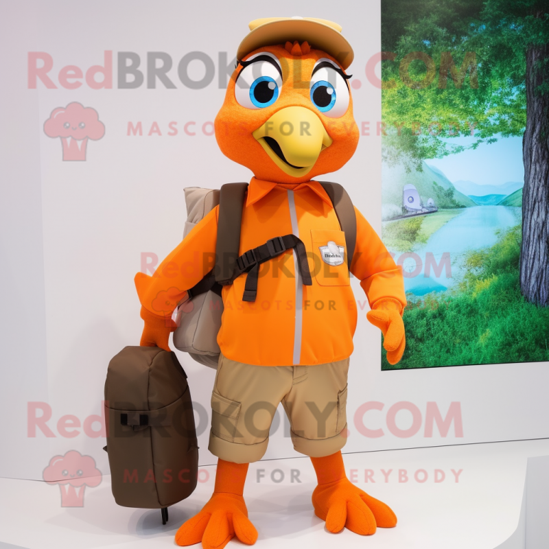 Orange Peacock mascot costume character dressed with a Cargo Shorts and Backpacks Orange Peacock mascot costume character dressed with a Cargo Shorts and Backpacks