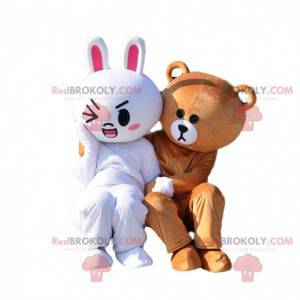 2 mascottes, un lapin blanc et un nounours en peluche -