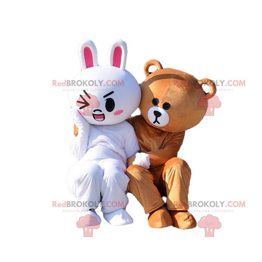 2 mascottes, un lapin blanc et un nounours en peluche -