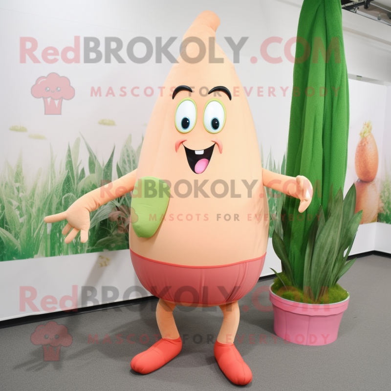 Peach Asparagus mascot costume character dressed with a Shorts and Cummerbunds