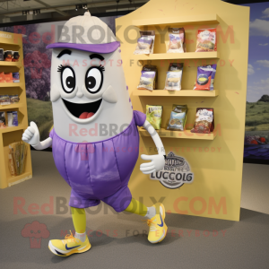 Lavender Enchiladas mascot costume character dressed with a Running Shorts and Wallets