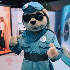 Turquoise Navy Seal mascot costume character dressed with a Chinos and Headbands