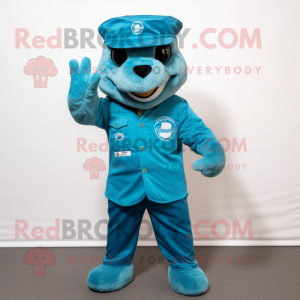 Turquoise Navy Seal mascot costume character dressed with a Chinos and Headbands