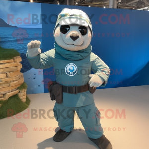 Turquoise Navy Seal mascot costume character dressed with a Chinos and Headbands