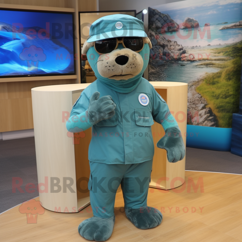 Turquoise Navy Seal mascot costume character dressed with a Chinos and Headbands