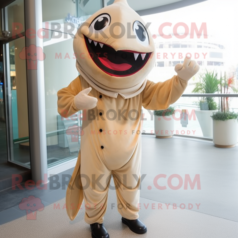 Beige Tuna mascot costume character dressed with a Dress Pants and Mittens