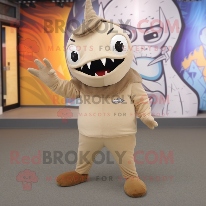 Beige Tuna mascot costume character dressed with a Dress Pants and Mittens Beige Tuna mascot costume character dressed with a Dress Pants and Mittens