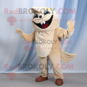 Beige Tuna mascot costume character dressed with a Dress Pants and Mittens