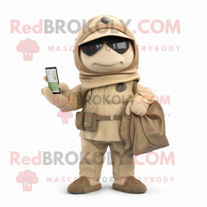 Beige Army Soldier mascot costume character dressed with a Parka and Wallets