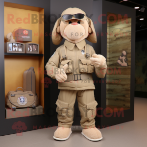 Beige Army Soldier mascot costume character dressed with a Parka and Wallets