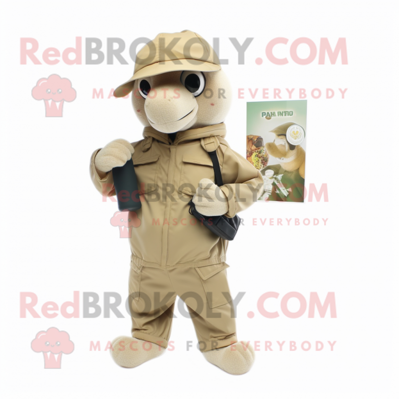 Beige Army Soldier mascot costume character dressed with a Parka and Wallets Beige Army Soldier mascot costume character dressed with a Parka and Wallets