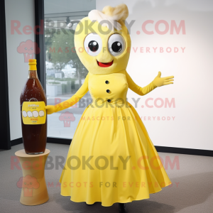 nan Bottle Of Mustard mascot costume character dressed with a Cocktail Dress and Brooches