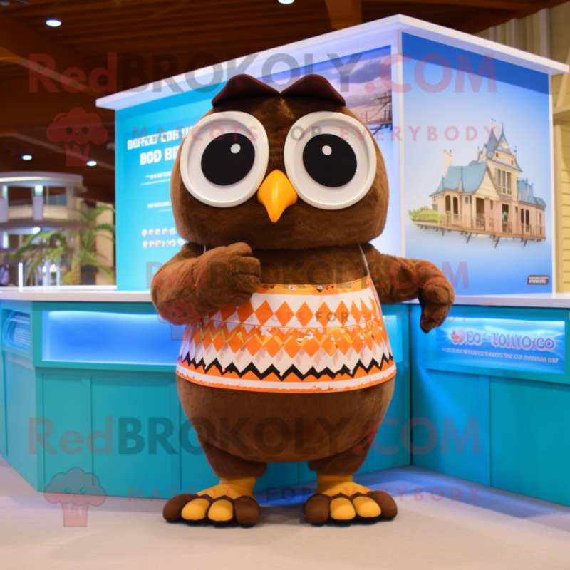 Brown Owl mascot costume character dressed with a Bikini and Bracelet watches Brown Owl mascot costume character dressed with a Bikini and Bracelet watches