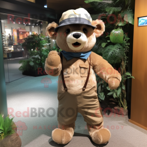 Beige Spectacled Bear mascot costume character dressed with a Dungarees and Hat pins