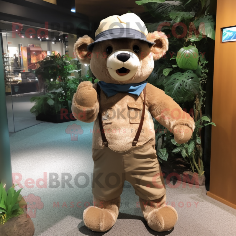 Beige Spectacled Bear mascot costume character dressed with a Dungarees and Hat pins Beige Spectacled Bear mascot costume character dressed with a Dungarees and Hat pins