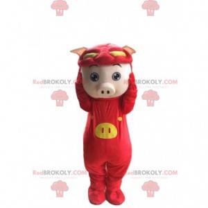 Pig mascot disguised as a red dragon, funny costume -