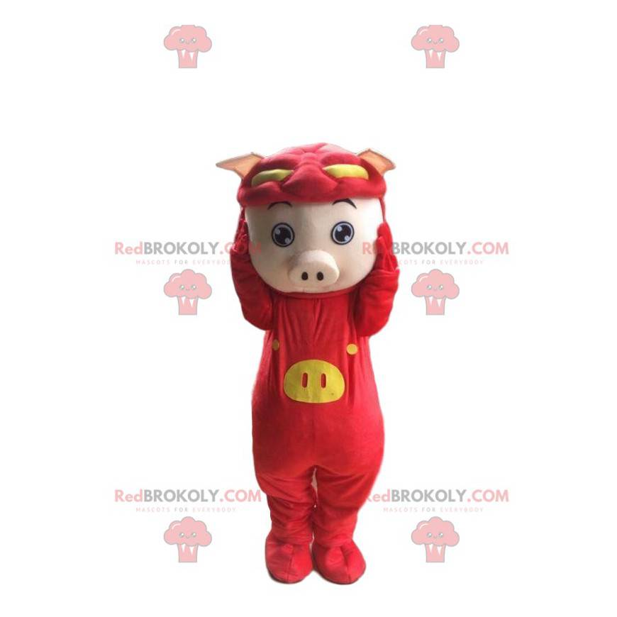 Pig mascot disguised as a red dragon, funny costume -