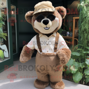 Beige Spectacled Bear mascot costume character dressed with a Dungarees and Hat pins