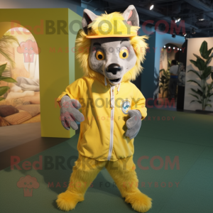 Yellow Hyena mascot costume character dressed with a Flare Jeans and Caps