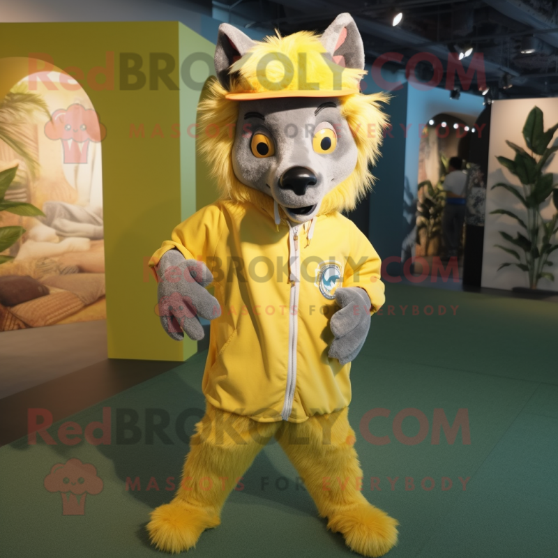 Yellow Hyena mascot costume character dressed with a Flare Jeans and Caps