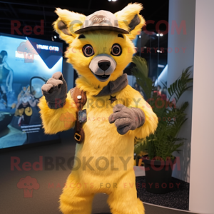 Yellow Hyena mascot costume character dressed with a Flare Jeans and Caps
