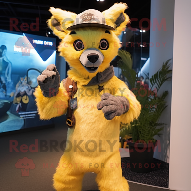 Yellow Hyena mascot costume character dressed with a Flare Jeans and Caps