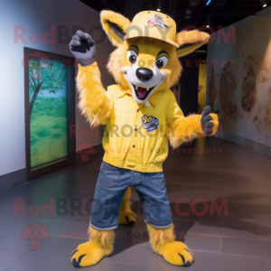 Yellow Hyena mascot costume character dressed with a Flare Jeans and Caps