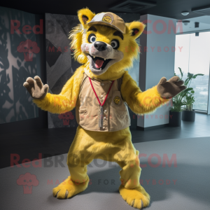 Yellow Hyena mascot costume character dressed with a Flare Jeans and Caps