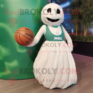 Olive Beluga Whale mascot costume character dressed with a Ball Gown and Ties