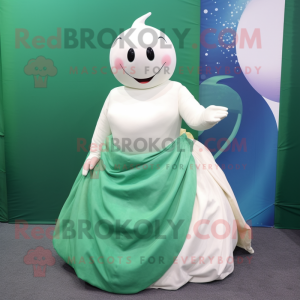Olive Beluga Whale mascot costume character dressed with a Ball Gown and Ties