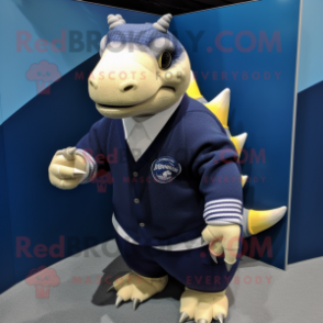 Navy Ankylosaurus mascot costume character dressed with a Sweater and Pocket squares