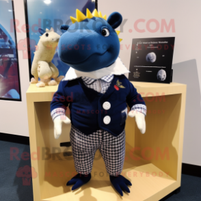 Navy Ankylosaurus mascot costume character dressed with a Sweater and Pocket squares