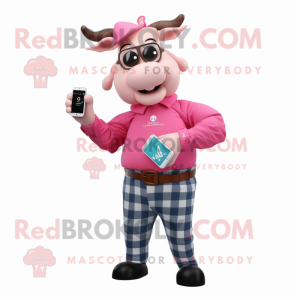 Pink Zebu mascot costume character dressed with a Flannel Shirt and Smartwatches